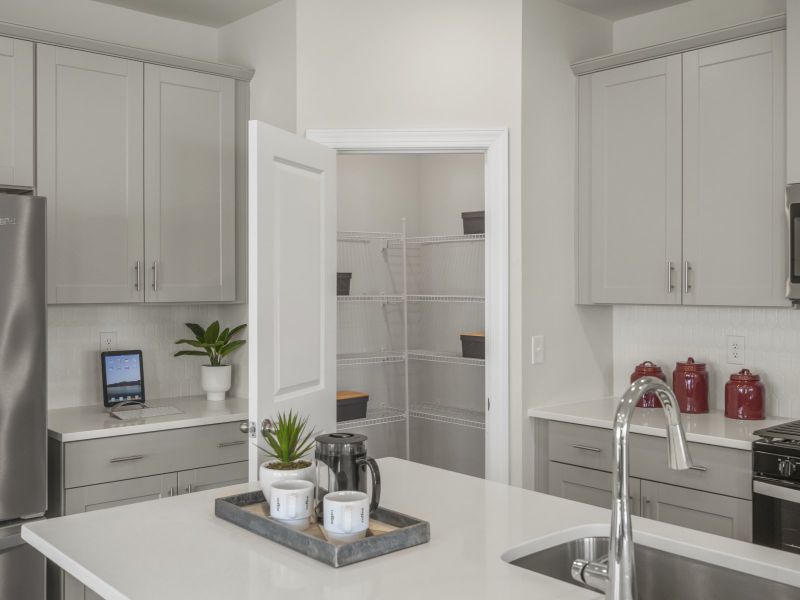 The large kitchen features stunning finishes and corner pantry.