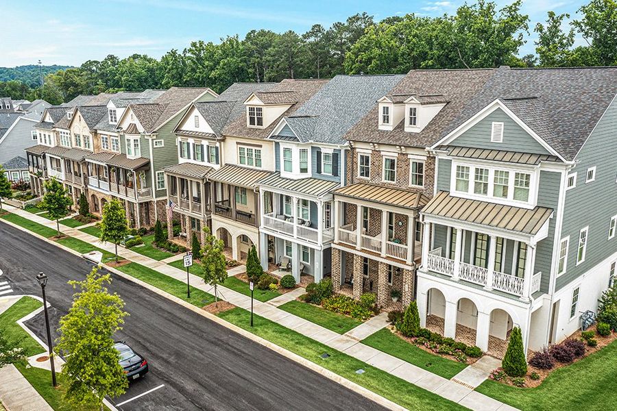 Aerial view of the South On Main community in Woodstock, GA, showing layout and nearby surroundings (Image 12).