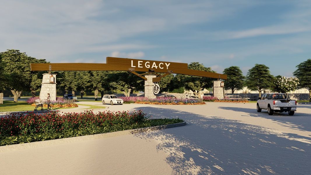 Entrance to the Legacy community in League City, TX, featuring signage and landscaping (Image 2).