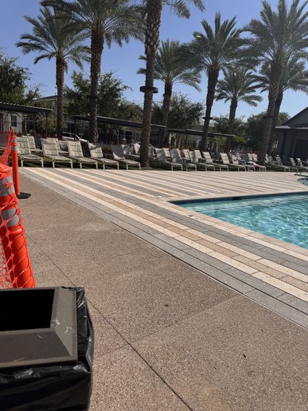 A luxurious poolside oasis with palm trees and lounge chairs at Mystic Discovery Collection by Taylor Morrison (Peoria, AZ).