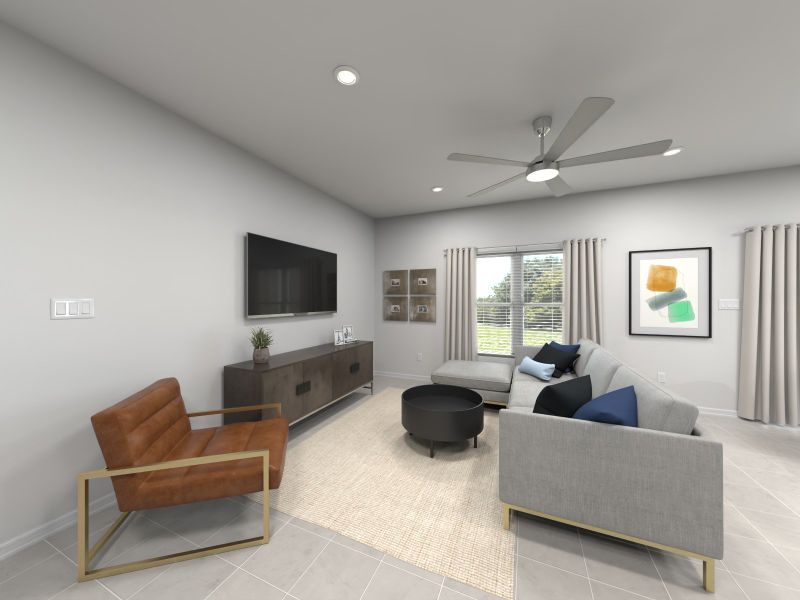 Virtual rendering of living room in Everett floorplan.