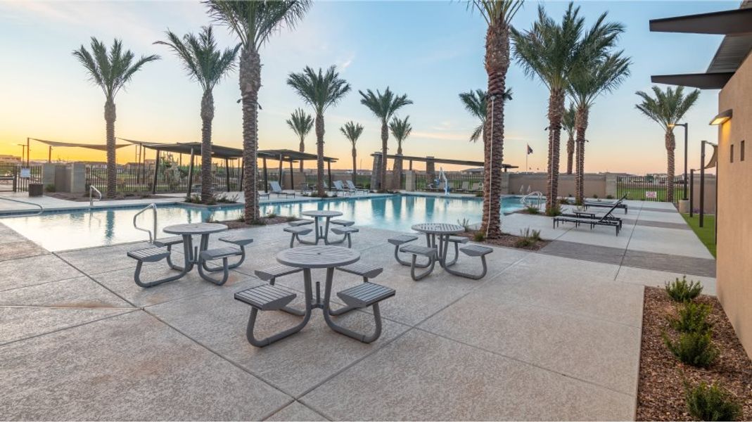 Picnic tables near the pool