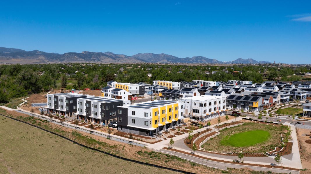 Aerial view of the Geos community in Arvada, CO, showing layout and nearby surroundings (Image 17). Aerial view of the Geos community in Arvada, CO, showing layout and nearby surroundings (Image 17).
