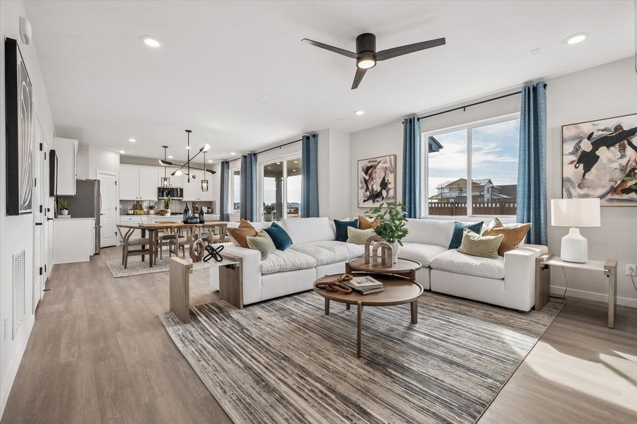 A living room with a large window.