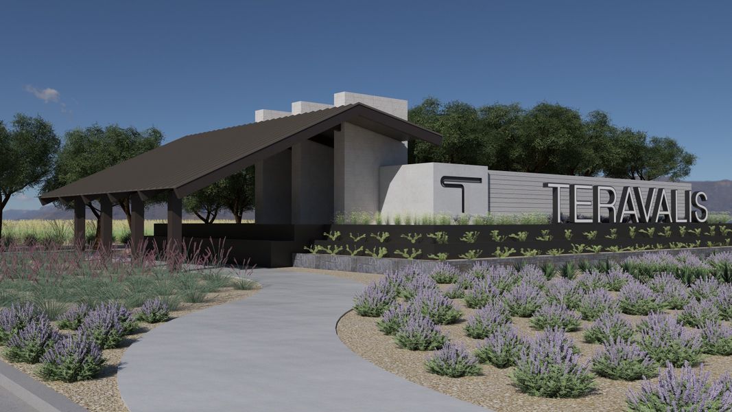 Entrance to the Meritage Homes by Teravalis - Reserve Series community in Buckeye, AZ, featuring signage and landscaping (Image 2).