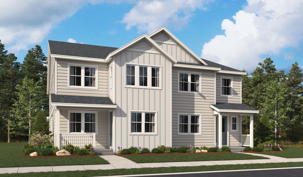 Front exterior of a home in the The Duos at Looking Glass community, located in Parker, CO (Image 7).