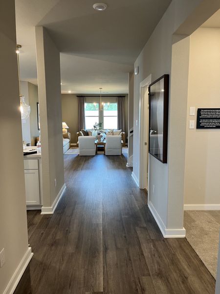 A modern hallway with wood flooring leads into a bright, inviting living room with ample seating and natural light.