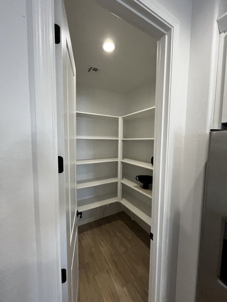 Spacious walk-in closet with carpet flooring, white shelving, and small windows providing natural light for a fresh look.