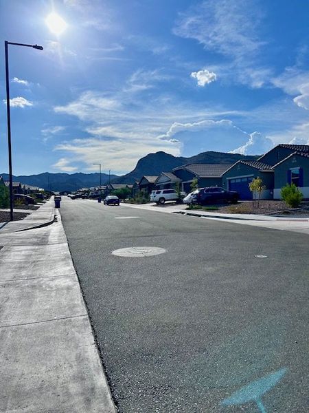 Quiet suburban street with mountain views in Canyon Views by Starlight Homes (Litchfield Park, AZ).