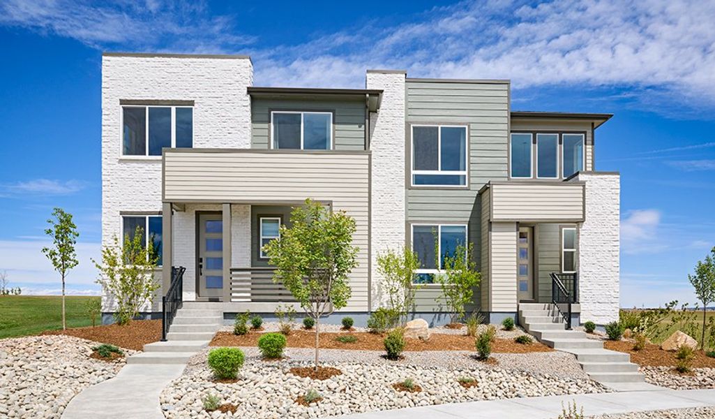 Front exterior of a home in the The Duos at Looking Glass community, located in Parker, CO (Image 4). Front exterior of a home in the The Duos at Looking Glass community, located in Parker, CO (Image 4).