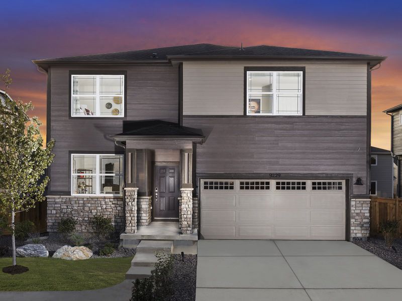 Front exterior of a home in the Buffalo Highlands: The Flora Collection community, located in Commerce City, CO (Image 1). Front exterior of a home in the Buffalo Highlands: The Flora Collection community, located in Commerce City, CO (Image 1).