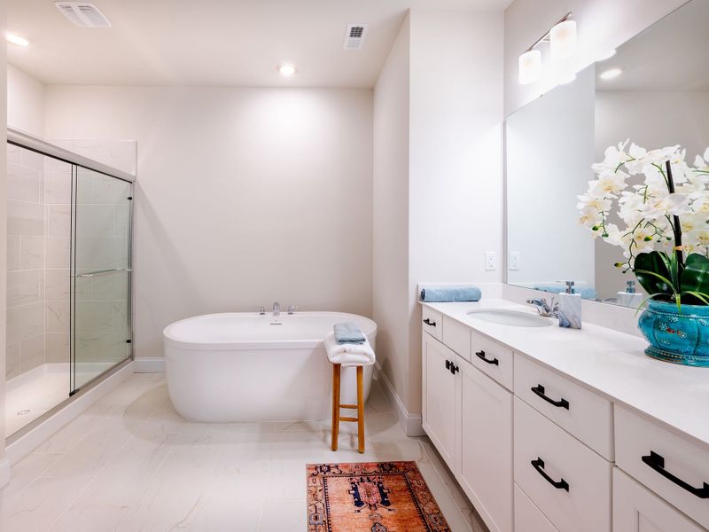 The Owner's Suite Bathroom complete with quartz countertops, walk-in shower AND garden tub!