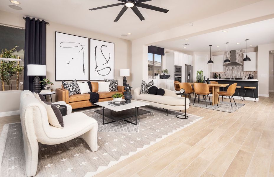 Gathering room with open floor plan in new construction at Jorde Farms in Queen Creek, AZ, by Pulte