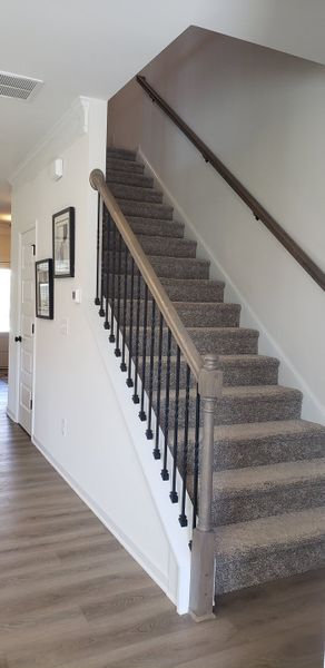 A modern staircase with plush carpeting, elegant railings, and decorative art adorn the hallway. A modern staircase with plush carpeting, elegant railings, and decorative art adorn the hallway.