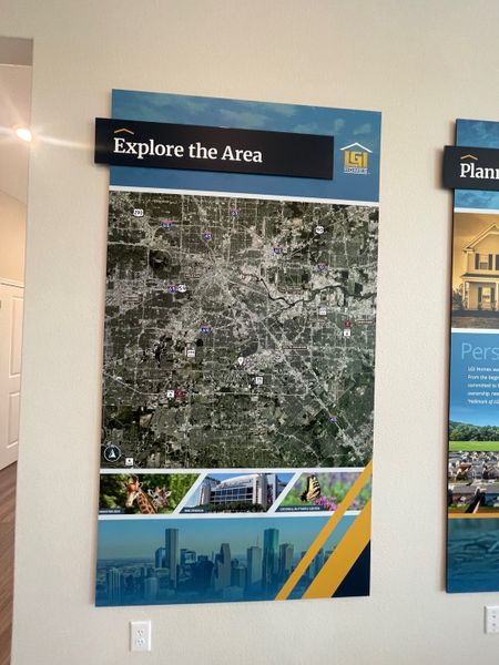 A display board showcasing a map of Houston highlighting local attractions near Park Vista at El Tesoro by LGI Homes (Houston, TX).