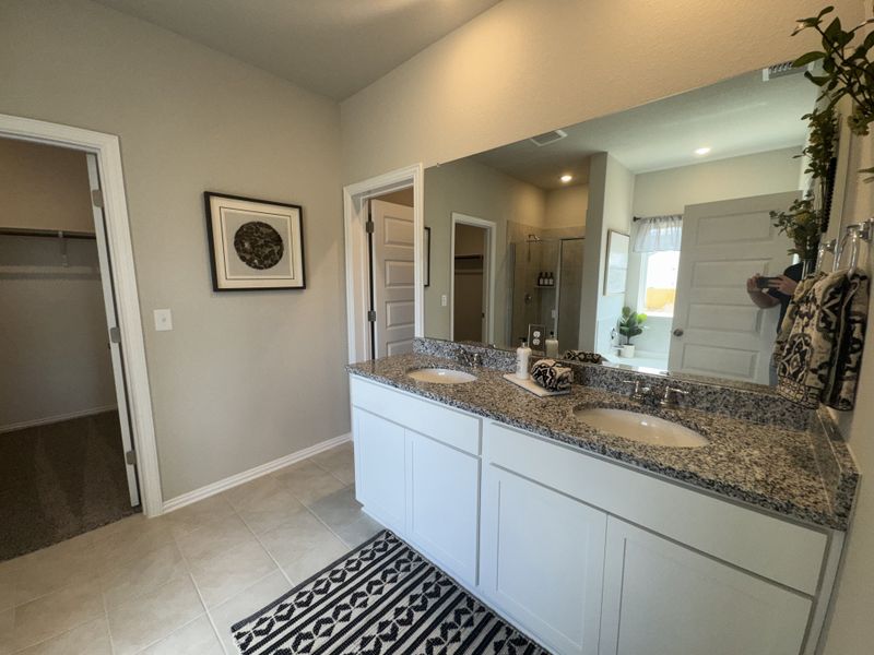 A modern bathroom featuring a spacious granite countertop, dual sinks, and contemporary decor with neutral tones and elegant accents.