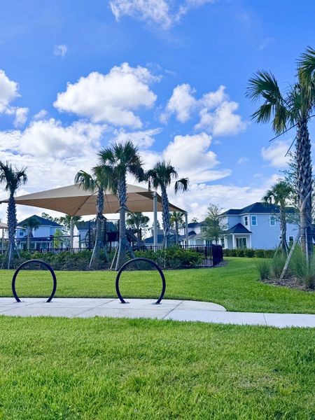 Scenic playground with palm trees and nearby homes in Crosswinds at Nocatee by Riverside Homes (Ponte Vedra Beach, FL).