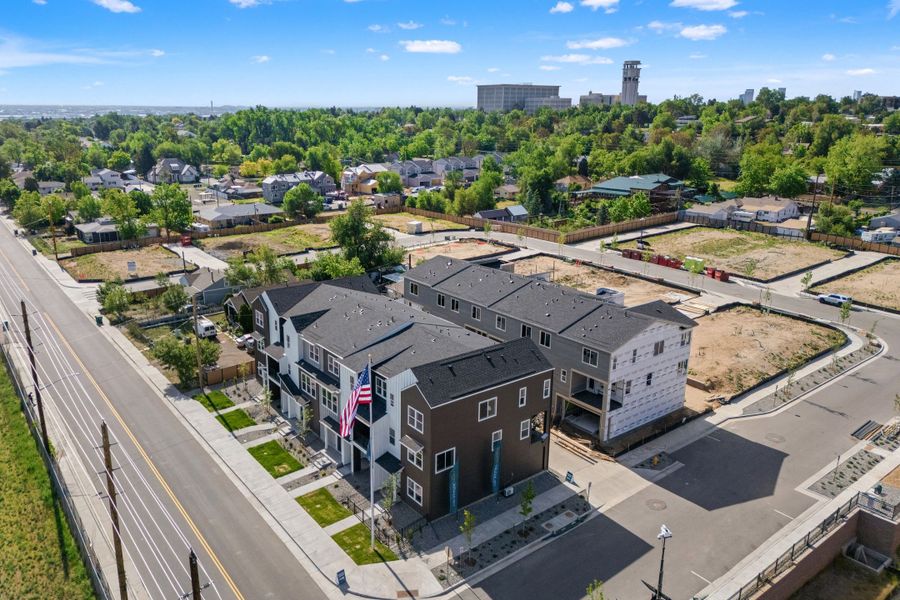 Aerial view of the Berkeley Villas community in Denver, CO, showing layout and nearby surroundings (Image 1). Aerial view of the Berkeley Villas community in Denver, CO, showing layout and nearby surroundings (Image 1).