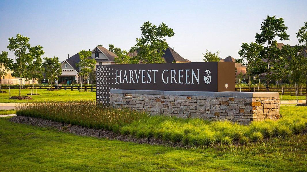 Entrance to the Harvest Green community in Richmond, TX, featuring signage and landscaping (Image 5).