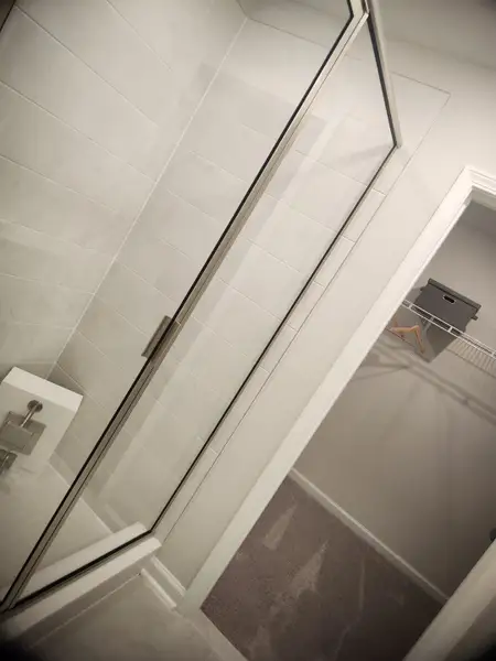 A sleek shower with glass doors and tiled walls next to a walk-in closet with shelving and carpet flooring.