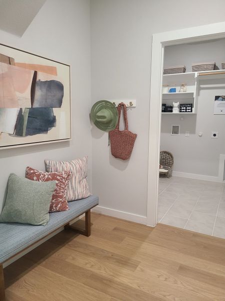A cozy mudroom with a cushioned bench, abstract art, and practical storage, creating a welcoming entryway.