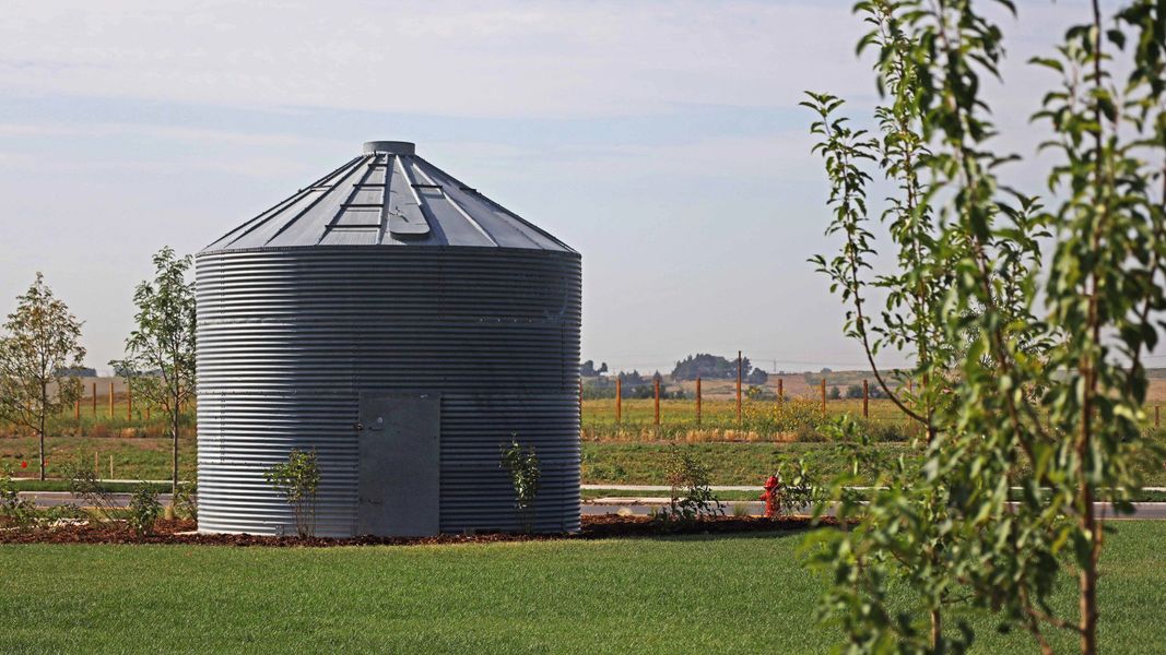 Elegant steel grain silo amidst verdant lawns defines Granary community's innovative architecture.