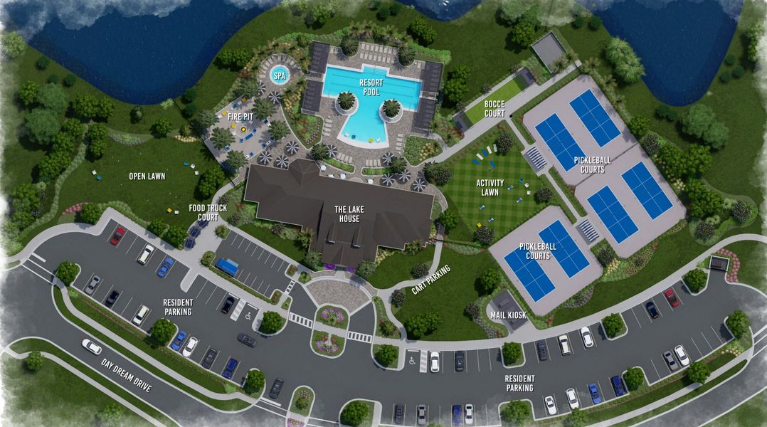 Aerial site plan showing Lake House clubhouse, resort pool, spa, pickleball courts, bocce court, fire pit, and parking areas.