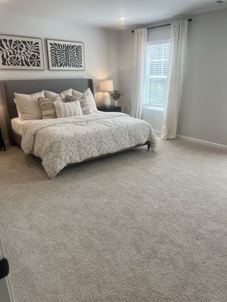 A serene bedroom features plush carpeting, a tufted upholstered bed with decorative pillows, and framed botanical artwork above the headboard. A serene bedroom features plush carpeting, a tufted upholstered bed with decorative pillows, and framed botanical artwork above the headboard.
