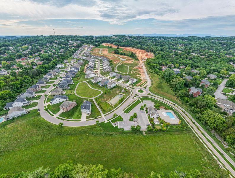 Aerial view of the Ivey Farms - The Vintage Collection community in Farragut, TN, showing layout and nearby surroundings (Image 15). Aerial view of the Ivey Farms - The Vintage Collection community in Farragut, TN, showing layout and nearby surroundings (Image 15).
