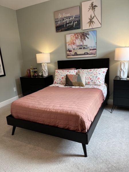 A cozy bedroom with modern black furniture, vibrant decor, and serene art pieces enhancing a tranquil atmosphere.