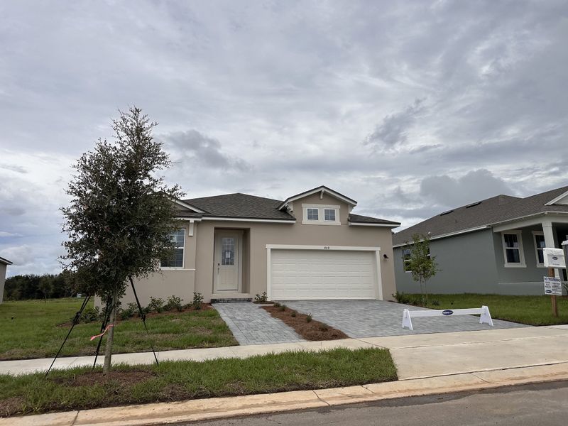 A contemporary home with a gray facade and landscaped yard in Rainwood by Mattamy Homes (Clermont, FL).