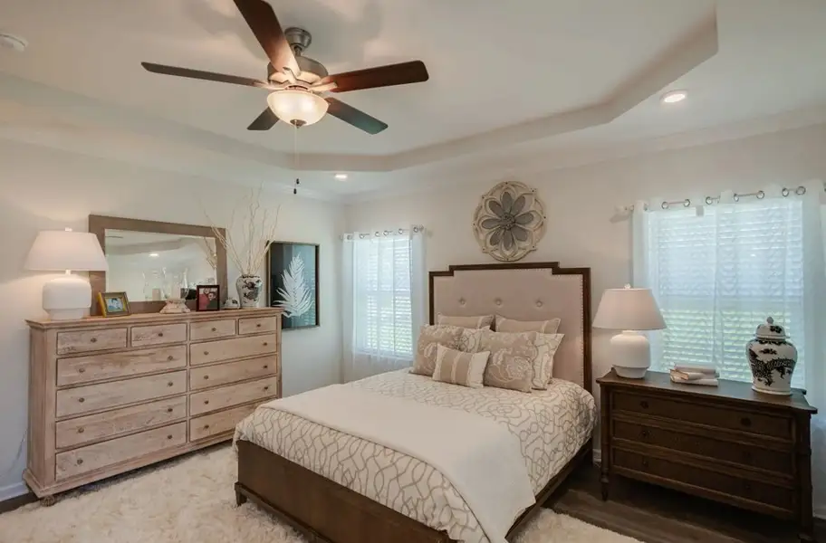 Owner suite with natural lighting and tray ceilings