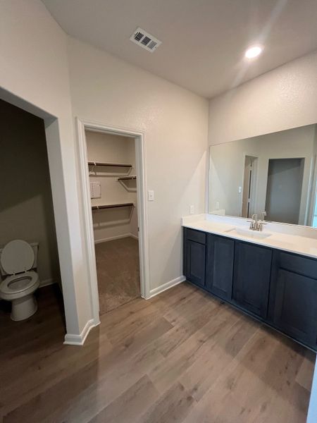 A modern bathroom with wood flooring, a sleek vanity, large mirror, and walk-in closet access.