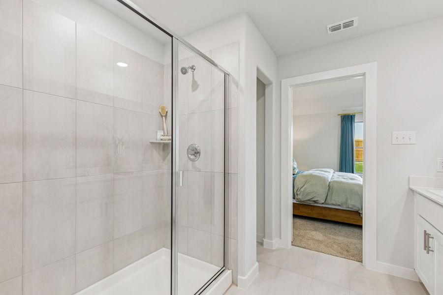Primary Bathroom in a Terra Vella Hayden Model Home in Fort Worth TX by Trophy Signature Homes