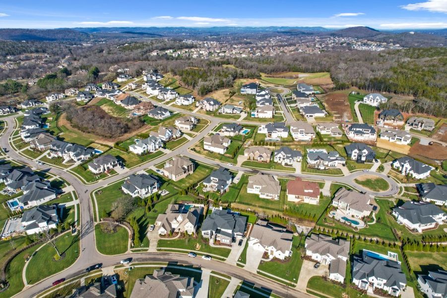 Aerial view of the Lookaway Farms community in Franklin, TN, showing layout and nearby surroundings (Image 10).