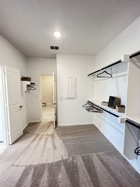 A spacious walk-in closet with carpeted floor, open shelving, and hanging rods in a neutral-toned modern home.