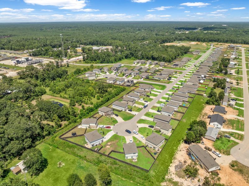 An aerial view of a neighborhood.