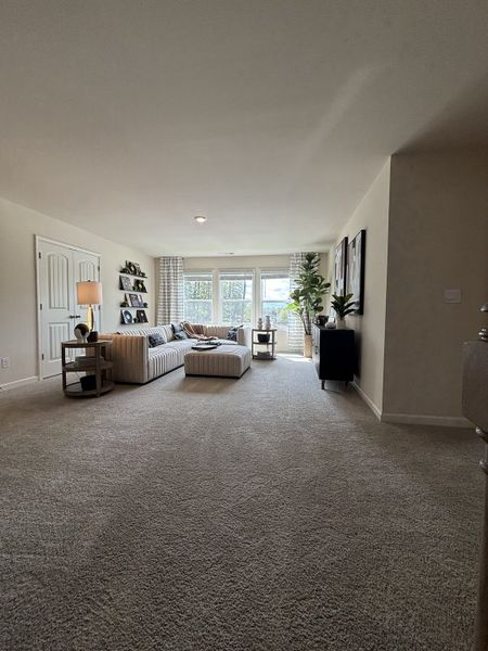 A spacious living room with plush carpeting, a striped sectional sofa, and large windows for ample natural light.