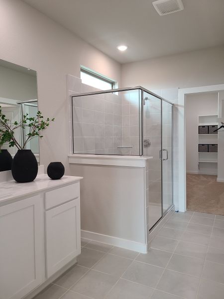 A modern bathroom with a sleek glass shower, white cabinetry, and minimalist decor.