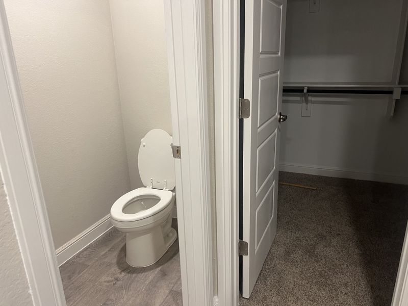 A practical space featuring a separate toilet area and a carpeted closet, perfect for privacy and organization. A practical space featuring a separate toilet area and a carpeted closet, perfect for privacy and organization.