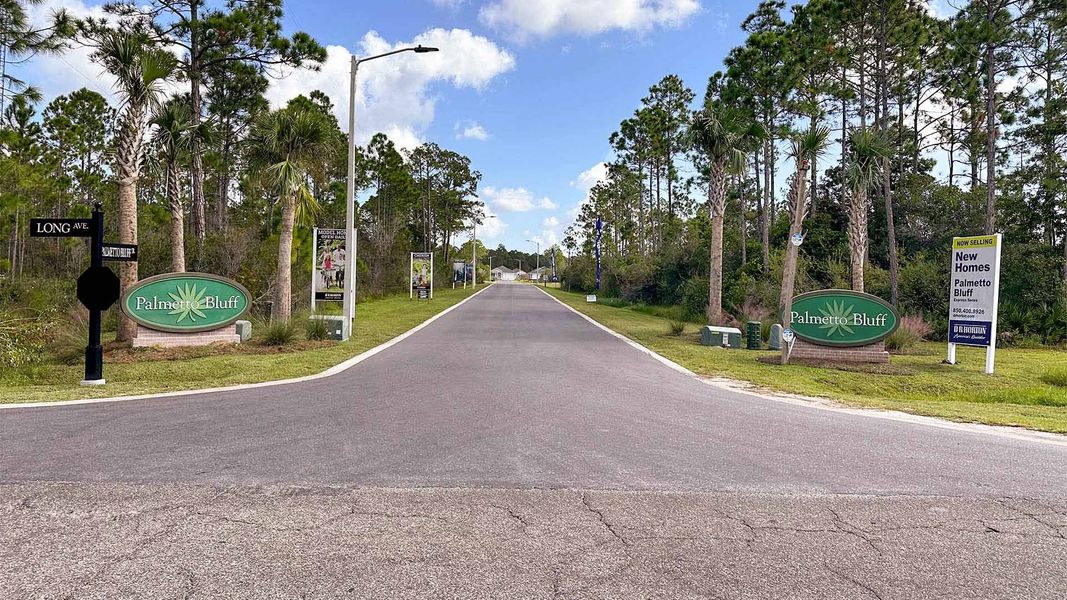 Entrance to the Palmetto Bluff community in Port Saint Joe, FL, featuring signage and landscaping (Image 1).