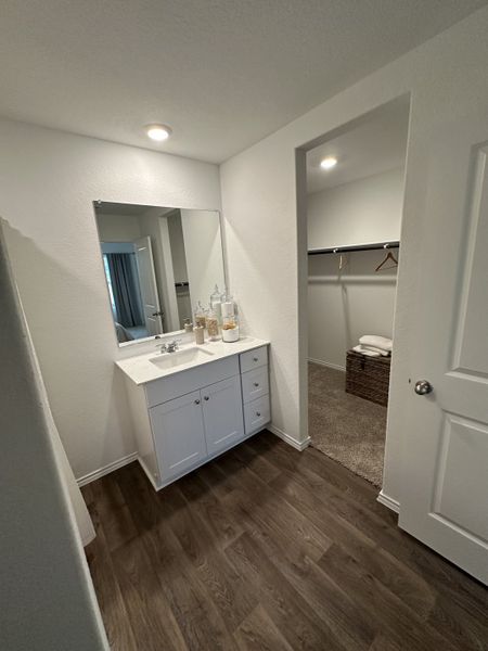 A sleek bathroom with wood flooring, a white vanity, and an attached walk-in closet for convenient storage.