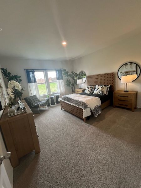 A cozy bedroom featuring a woven bedframe, plush carpet, and large windows with stylish drapes for a touch of elegance.