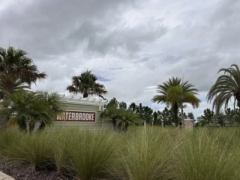 Lush entrance with palm trees in Waterbrooke by Mattamy Homes, Clermont, FL. A welcoming community atmosphere.