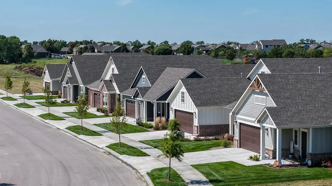 Aerial view of the The Courtyards at Cornerstone community in Andover, KS, showing layout and nearby surroundings (Image 3). Aerial view of the The Courtyards at Cornerstone community in Andover, KS, showing layout and nearby surroundings (Image 3).
