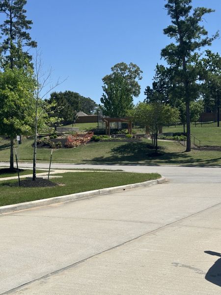 Beautiful landscaped park and lush greenery in Wedgewood Forest by LGI Homes, Conroe, TX.