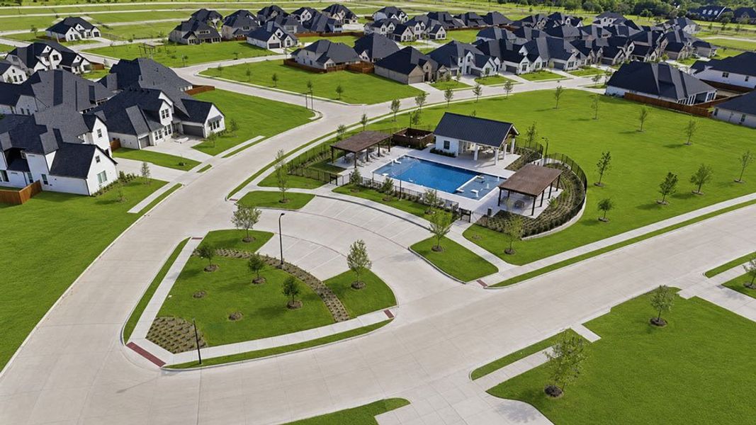Aerial view of the The Homestead - 72' community in Rockwall, TX, showing layout and nearby surroundings (Image 12). Aerial view of the The Homestead - 72' community in Rockwall, TX, showing layout and nearby surroundings (Image 12).