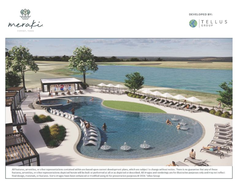 Rendering of community pool with splash features, lounge chairs, cabana, and lakefront views at Meraki in Forney, Texas