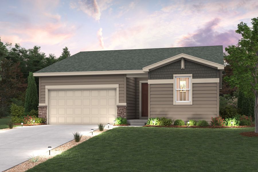 Cimarron Elevation B rendering with landscaping, garage, driveway and exterior paint colors Cimarron Elevation B rendering with landscaping, garage, driveway and exterior paint colors