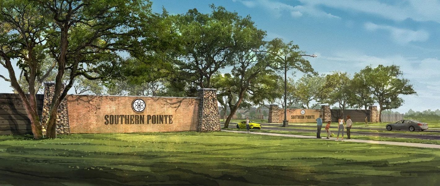 Main entrance to the Southern Pointe master-planned community in College Station, TX, featuring its landmark signage (Image 2). Main entrance to the Southern Pointe master-planned community in College Station, TX, featuring its landmark signage (Image 2).